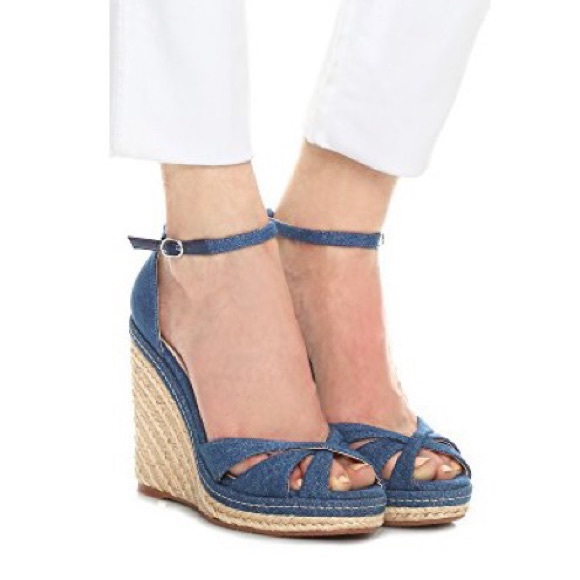 L.K. Bennett Litya Denim Jean Platform Espadrille Wedge Sandal Heels Bohemian 38 - Picture 2 of 13